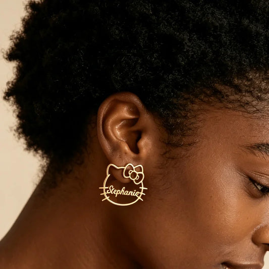 1Pair Custom Hello Kitty Name Earrings For Women Personalized Stainless Steel Gold Color Hollow Cartoon Cat Stud Earring Jewelry